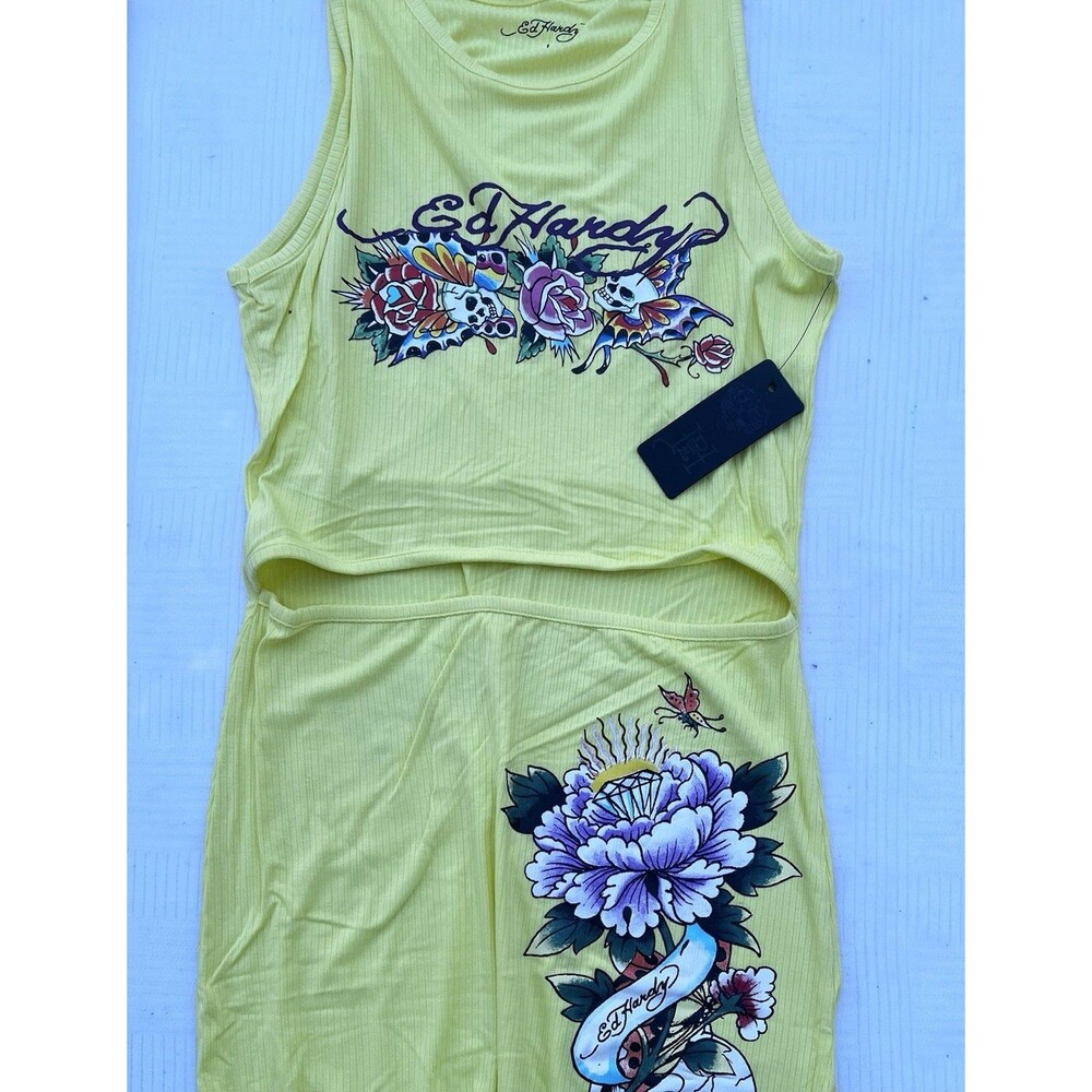 Ed Hardy Y2K Lemon Ribbed Cut Out Maxi Dress NWT Skull Floral Women’s L